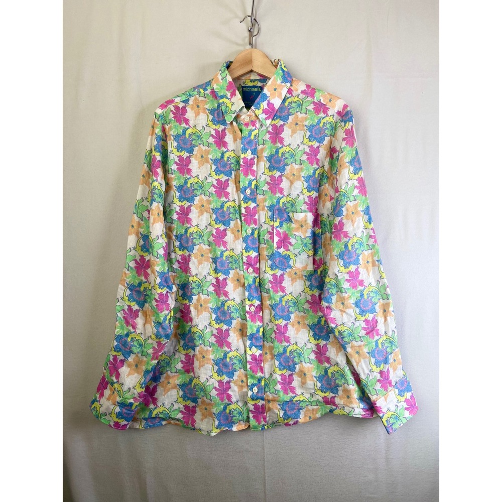 Michaels Linen Floral Lizard Print Button Shirt XL Made in USA Tropical Artsy